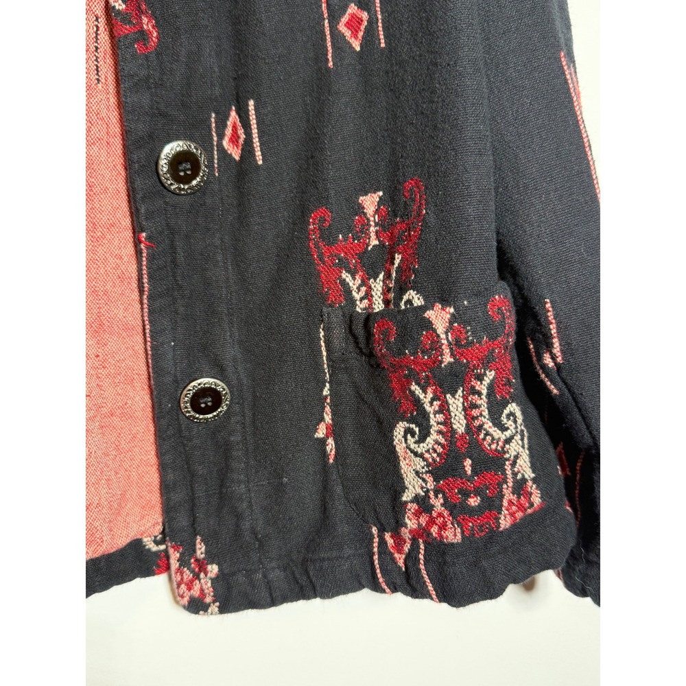 Chicos Design Black Red Ikat Embroidered Button Front Jacket Cotton Blend Size 1 - Picture 5 of 10